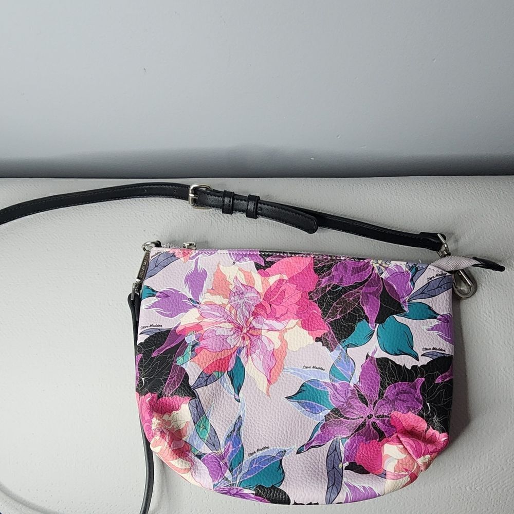 Steve Madden Women's Crossbody Bag Floral Black Multi Color with Silver Accents
